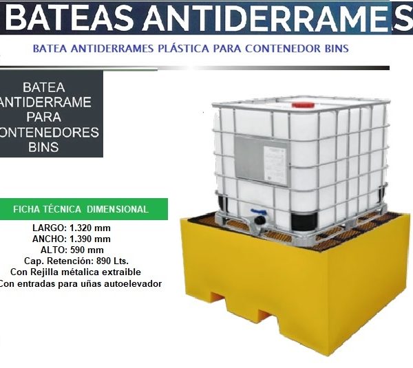 Batea plástica antiderrame para un bins con rejilla metálica INDUMOV