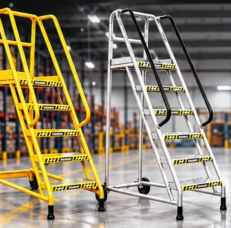 Escalera rodante amarilla de acero y escalera rodante de aluminio con pasamanos negros en un depósito