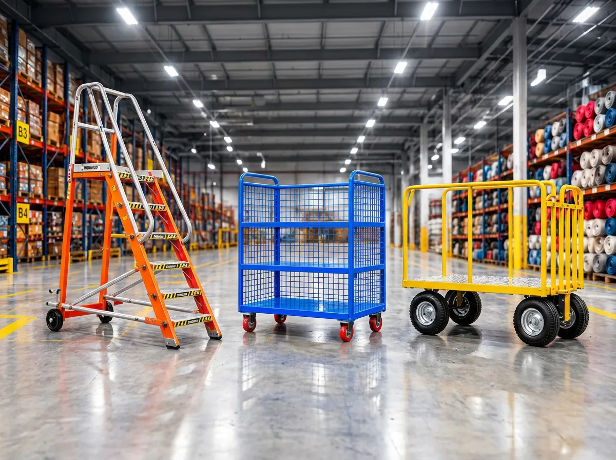 Escalera rodante naranja y aluminio, mesa de transporte azul de tres niveles y zorra industrial amarilla en un depósito